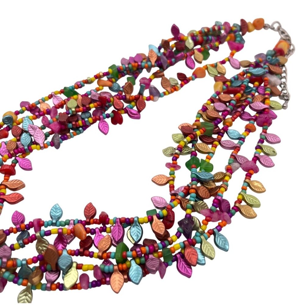 Boho Multi Strand Leaf Beaded Statement Necklace Retro 90s Vibrant Colorful - Picture 3 of 8